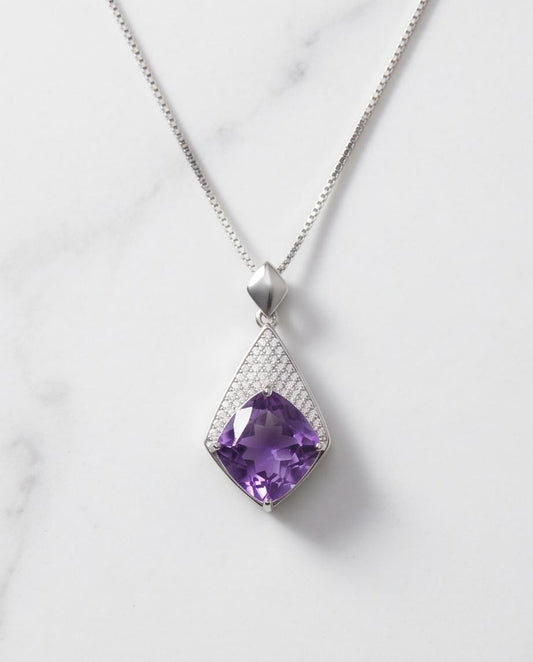 Rhombic Style Amethyst Necklace - 18KGP Full Sterling Silver - Diamond Cushion - Large Created Synthetic Amethyst Pendant - February Births