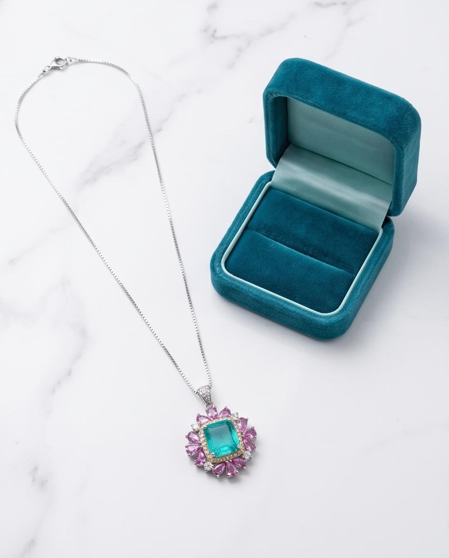 Large Square Paraiba Necklace Pink Topaz Sim Gemstone Pendant White Gold coated Sterling Silver Blue Paraiba Pendant Jewelry #814