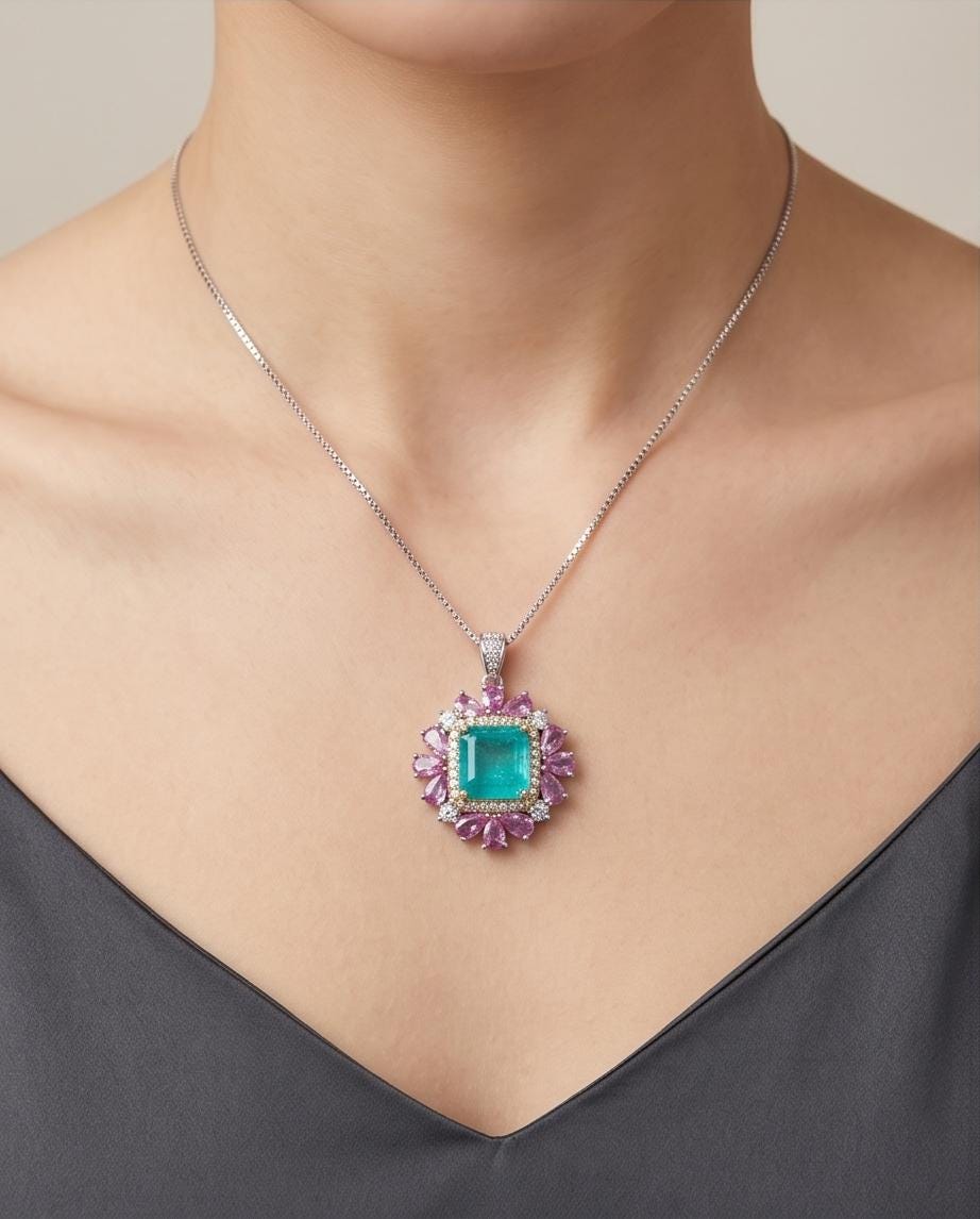 Large Square Paraiba Necklace Pink Topaz Sim Gemstone Pendant White Gold coated Sterling Silver Blue Paraiba Pendant Jewelry #814