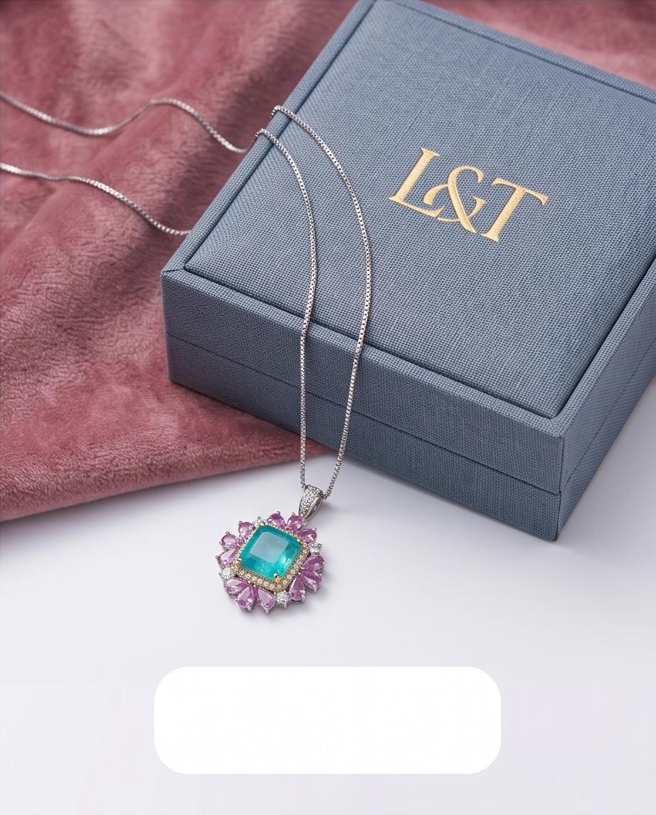 Large Square Paraiba Necklace Pink Topaz Sim Gemstone Pendant White Gold coated Sterling Silver Blue Paraiba Pendant Jewelry #814