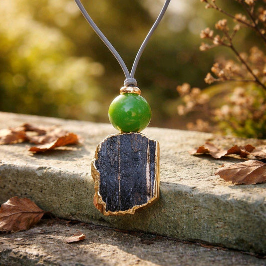 Raw Black Tourmaline Necklace Green Dyed Jade Pendant, Adjustable Leather cord, Spiritual Healing Protective Chunky Gemstone for men women