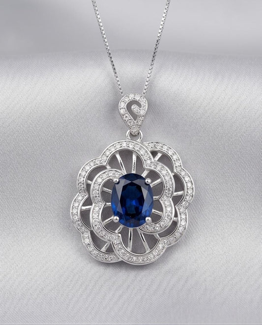 Gemstone Peony Blue Sapphire Necklace , 2.1 CT Blue Gemstone Pendant , Large White Gold plated Sterling Silver Flower Sapphire Jewelry #561