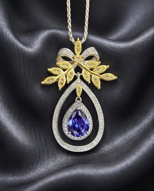 Teardrop Blue Tanzanite Necklace - Large Gold the Tree Of Life Pendant - 18KGP Sterling Silver olive branch Necklace #850