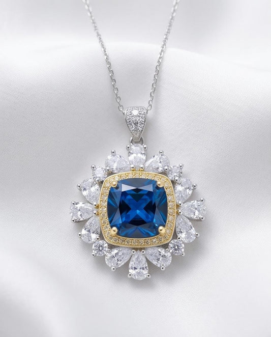 Square Blue Sapphire Necklace - 7 CT Sapphire Pendant - Gemstone Surround Gold Halo Sterling Silver - Large 10 MM Blue Sapphire #806