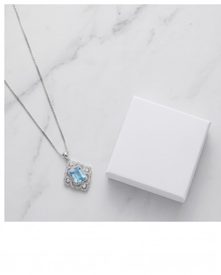 Gorgeous Large Blue Aquamarine Necklace Diamond 18kgp @ Sterling Silver flower of Ascension Pendant Faceted Rectangle 5 CT Aquamarine #897