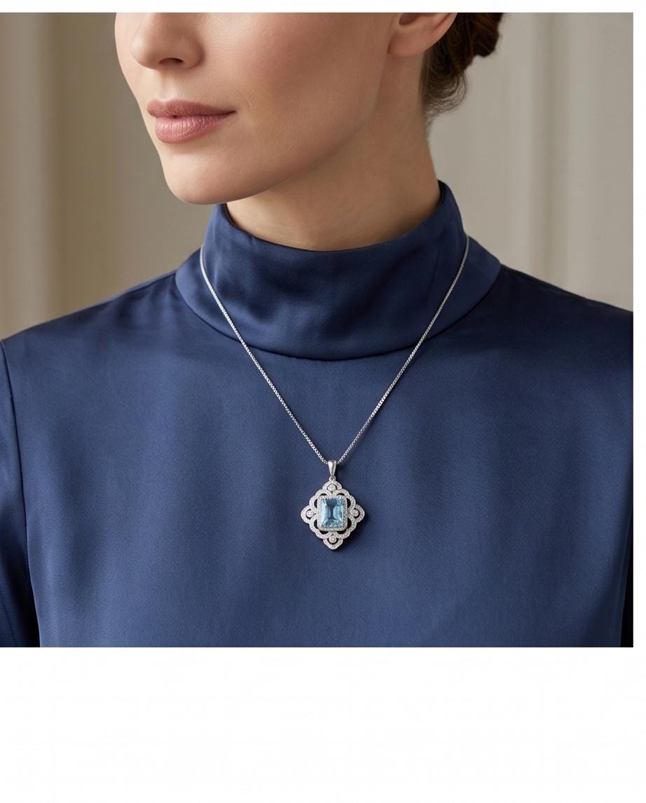 Gorgeous Large Blue Aquamarine Necklace Diamond 18kgp @ Sterling Silver flower of Ascension Pendant Faceted Rectangle 5 CT Aquamarine #897