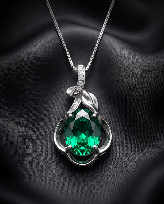 Green Emerald Necklace Sterling Silver Flower Of life Pendant, white gold 18kgp Oval Cut box chain emerald jewelry 077