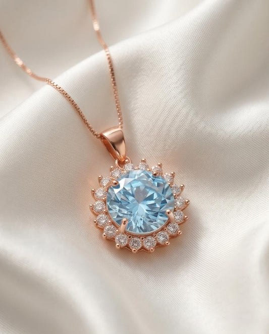 Aquamarine Necklace - 10mm Rose Gold Coated Sterling Silver Solitaire Brilliant Blue Large Round Princess Diana Sunflower Style #931