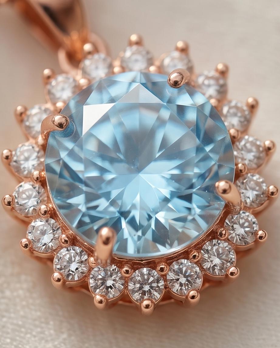 Aquamarine Necklace - 10mm Rose Gold Coated Sterling Silver Solitaire Brilliant Blue Large Round Princess Diana Sunflower Style #931