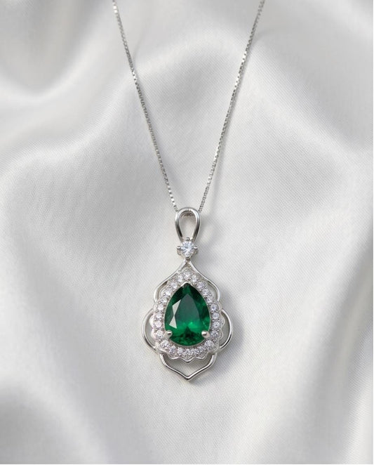 Large Emerald Necklace - 18KGP Sterling Silver - Flower Leaf Teardrop Emerald Jewelry- May Birthstone - Solitaire Halo Emerald Pendant #535