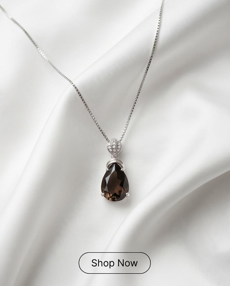 Genuine Smoky Quartz Necklace - 18kgp @ Sterling Silver - Protective Gemstone - Root Chakra Healing - teardrop Smoky Quartz Pendant