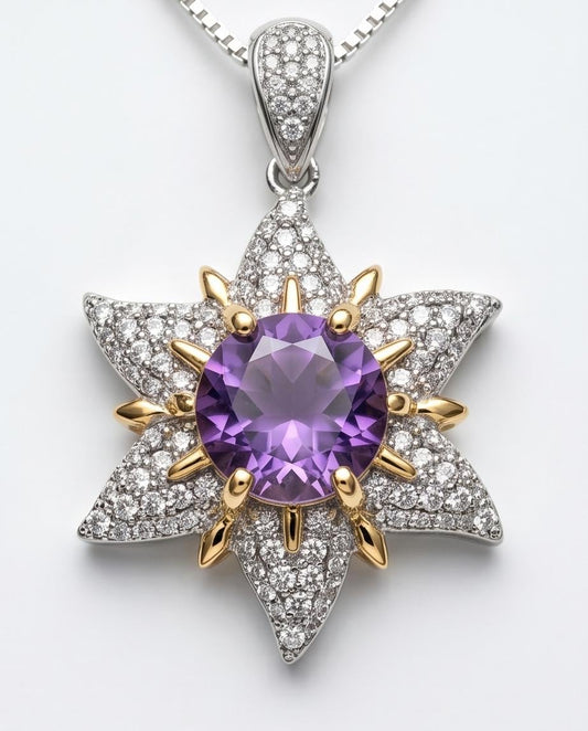 Genuine Amethyst Necklace - Celestial Point Star Pendant - 18KGP @ Sterling Silver - Round Cut Natural Amethyst Pendant February Birthstones