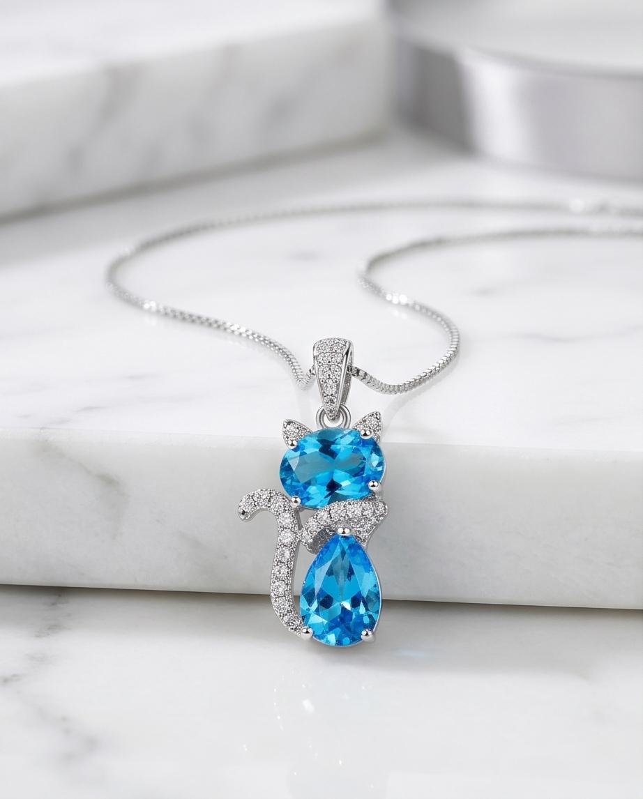 Cat Blue Topaz Necklace, Kitty Cat Swiss Blue Topaz Pendant Gemstone White Gold Plated Sterling Silver Pets Lover Jewelry #216