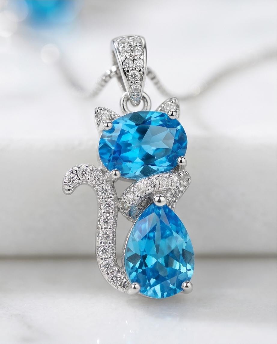 Cat Blue Topaz Necklace, Kitty Cat Swiss Blue Topaz Pendant Gemstone White Gold Plated Sterling Silver Pets Lover Jewelry #216