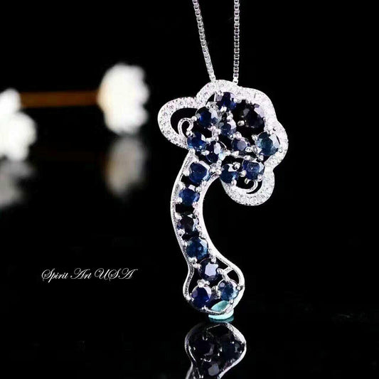 Genuine Blue Sapphire Necklace, Auspicious Sterling Silver Cloud Necklace, Luxury Blue Gemstone Necklace
