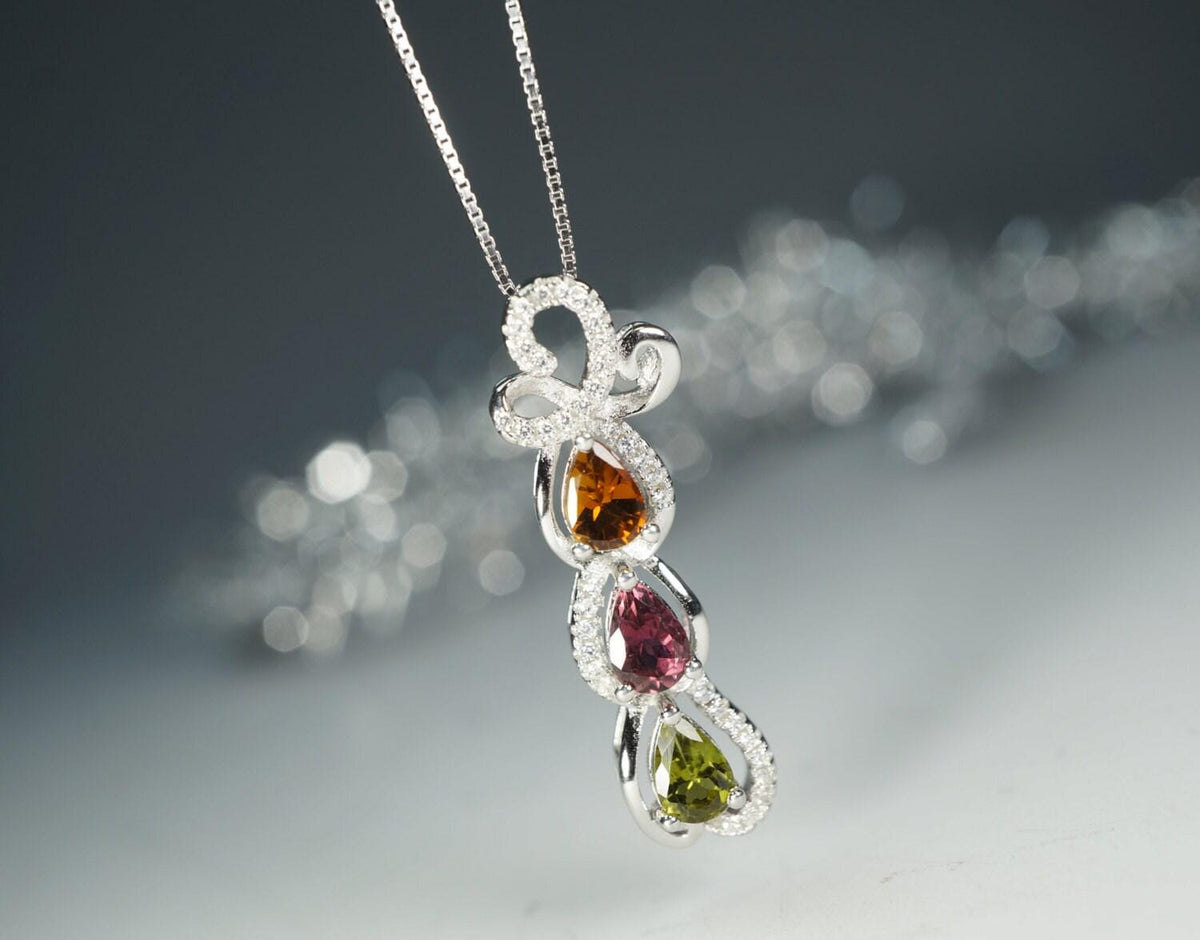 Tourmaline Necklace - Sterling Silver High Quality Tourmaline Pendant - Multi Gemstone Necklace