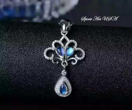 Blue Moonstone Necklace, Flash Moonstone Pendant, Sterling Silver Peacock Tail Necklace,