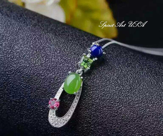 Emerald Jade Necklace - Sterling Silver Genuine Green Jade Pendant - Lapis Lazuli Pink Tourmaline Peridot Necklace