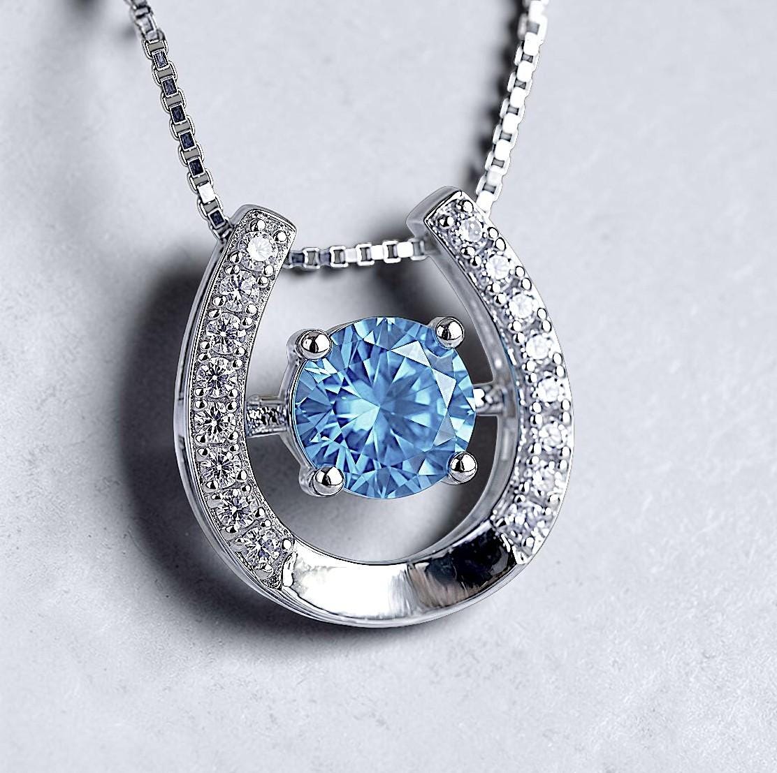 Tiny Aquamarine Necklace, Sterling Silver Horse shoe Jewelry, Blue Gemstone Pendant,March Birthstone Gift,