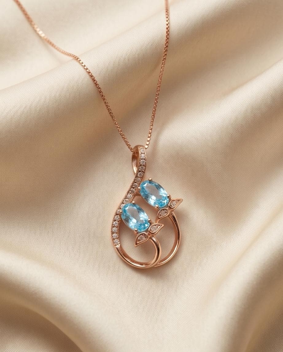 Rose Gold Aquamarine Necklace - Gemstone Leaf Flower March Birthstone Tiny Aquamarine pendant #289