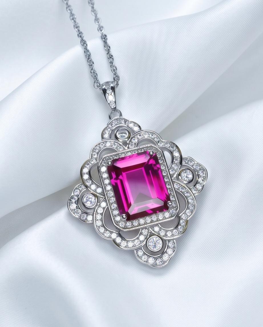 Large Pink Sapphire Necklace Fuchsia Color Gemstone Flower Sterling Silver White Gold Coated - Faceted Rectangle 5 CT Lab Pink Sapphire #819