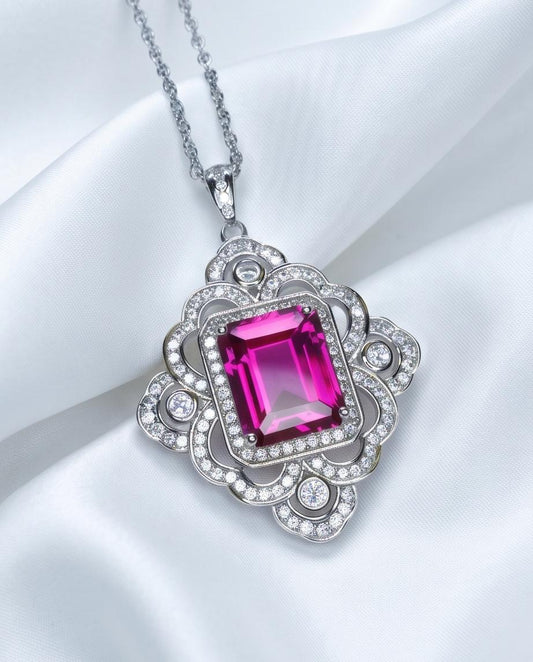 Large Pink Sapphire Necklace Fuchsia Color Gemstone Flower Sterling Silver White Gold Coated - Faceted Rectangle 5 CT Lab Pink Sapphire #819