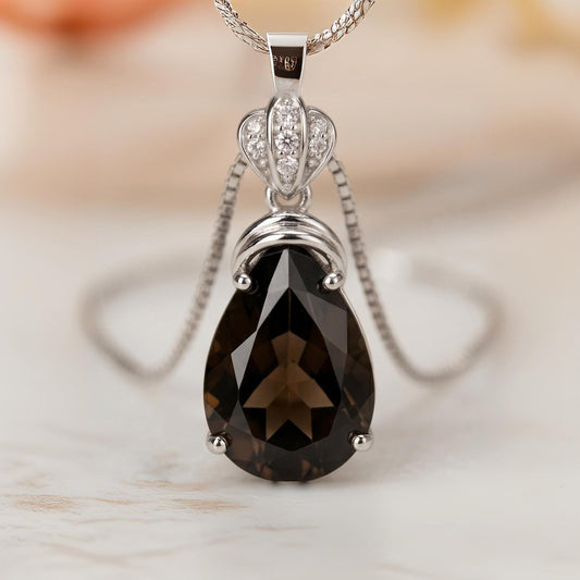 Genuine Smoky Quartz Necklace - 18kgp @ Sterling Silver - Protective Gemstone - Root Chakra Healing - teardrop Smoky Quartz Pendant