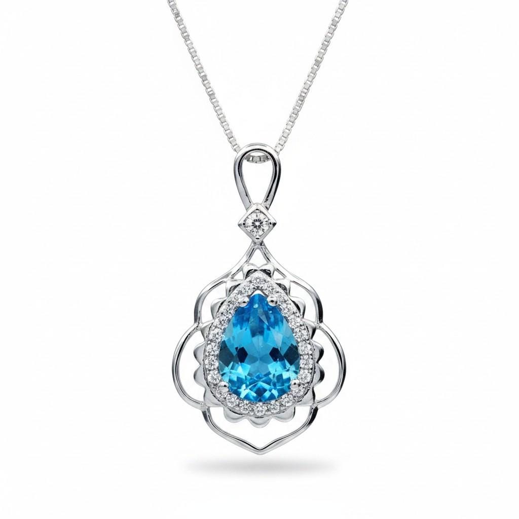 Large Blue Topaz Necklace Sterling Silver - White Gold coated - November Birthstone - 3 CT Gemstone Flower Swiss Blue Topaz Pendant #752