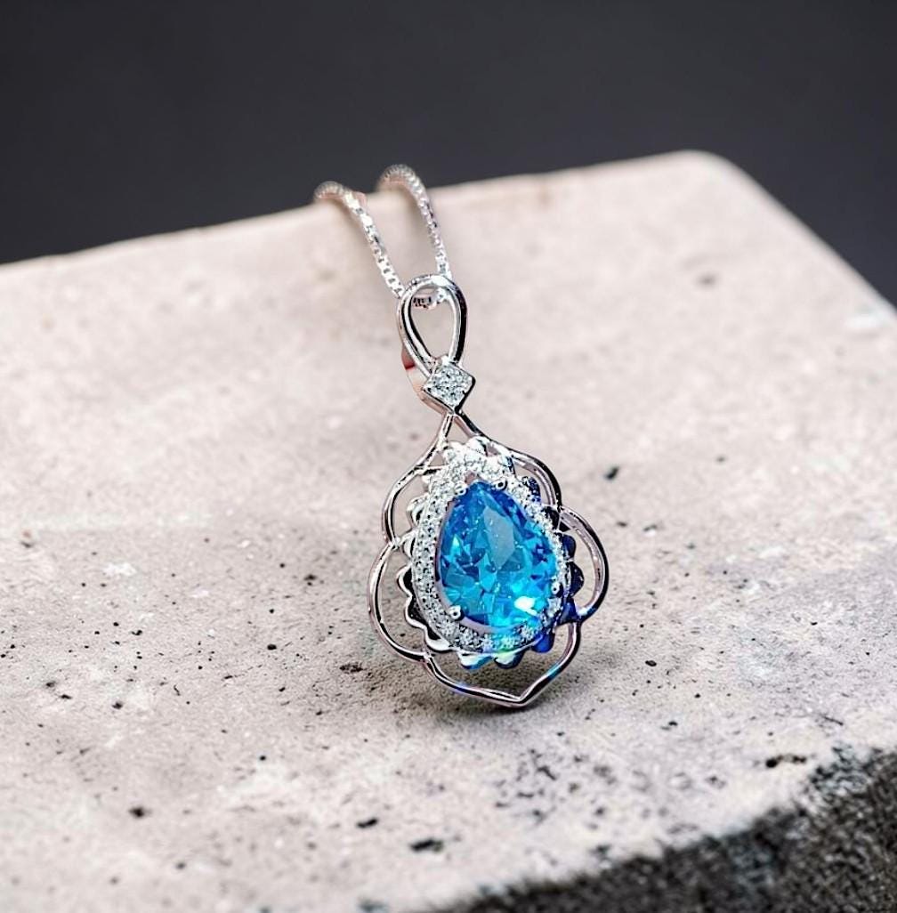Large Blue Topaz Necklace Sterling Silver - White Gold coated - November Birthstone - 3 CT Gemstone Flower Swiss Blue Topaz Pendant #752