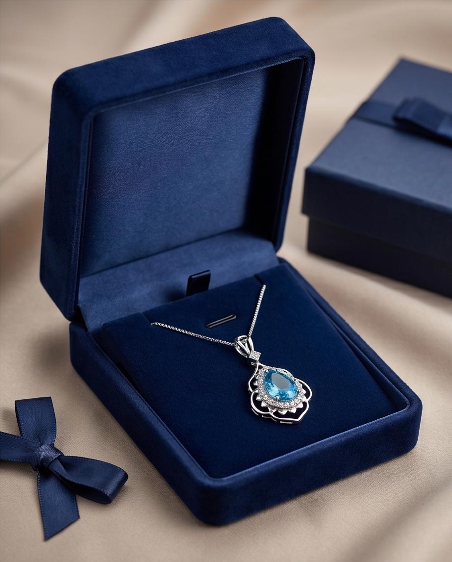 Large Blue Topaz Necklace Sterling Silver - White Gold coated - November Birthstone - 3 CT Gemstone Flower Swiss Blue Topaz Pendant #752