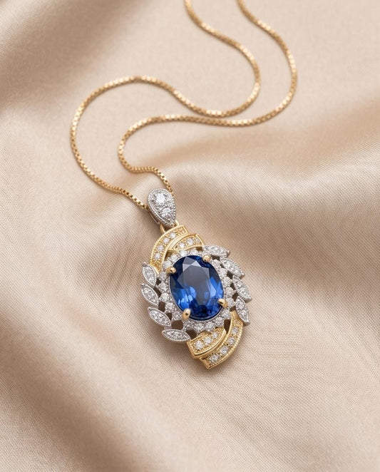 Blue Sapphire Necklace Spiral of Life Pendant - 2 CT Blue Sapphire Pendant Spiritual Gemstone Flower Jewelry Double Halo Swirl 18KGP #656