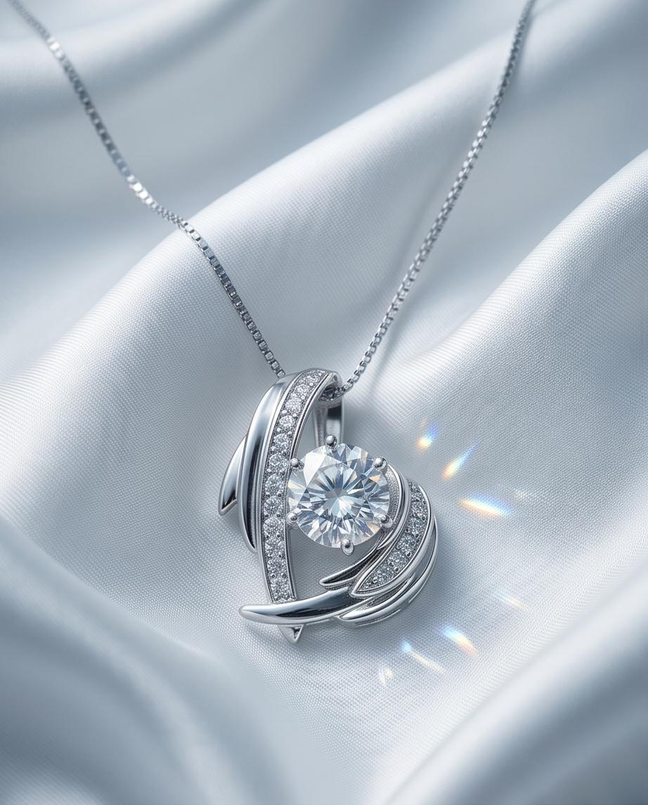 Angel Wing Genuine Moissanite Gemstone Necklace - GRA Certificate Round Cut Moissanite Gemstone Jewelry Pendant 1 CT 6.5 MM D color #887