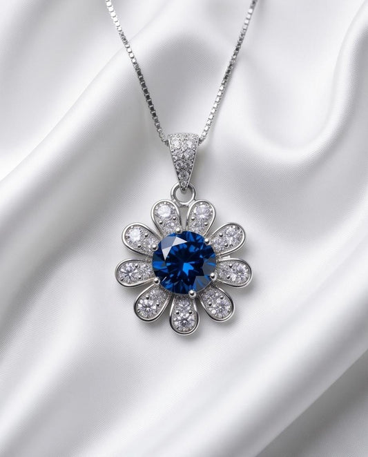 Tiny Blue Sapphire Sunflower Necklace - White Gold Coated Sterling Silver Gemstone Flower Blue Sapphire Pendant - September Birthstone 061
