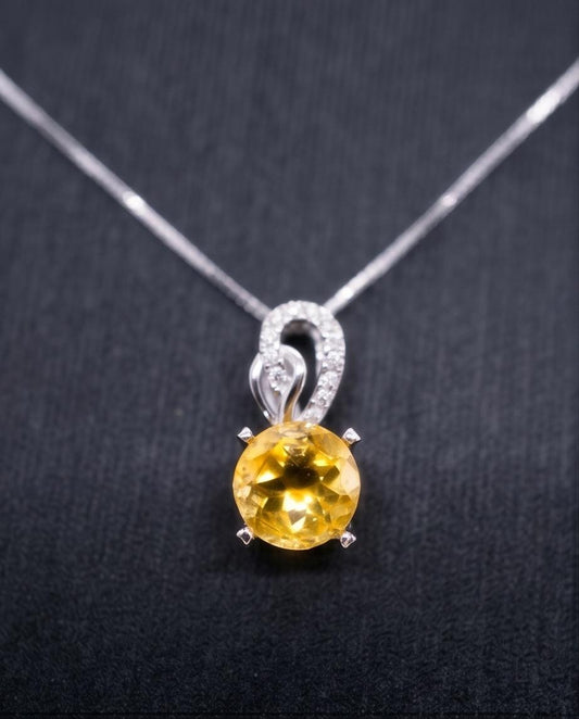 Genuine Citrine Necklace Sterling Silver Single Simple Round Natural Citrine Pendant 1106