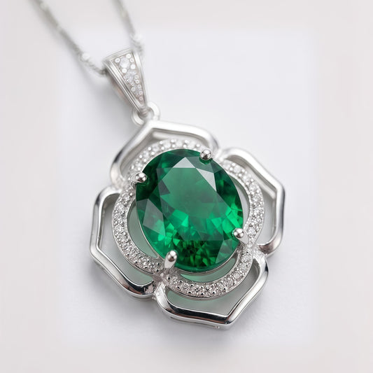 Flower of Life Emerald Necklace Large - Sterling Silver 4 CT Green May Birthstone - Emerald Pendant White Gold Coated #632