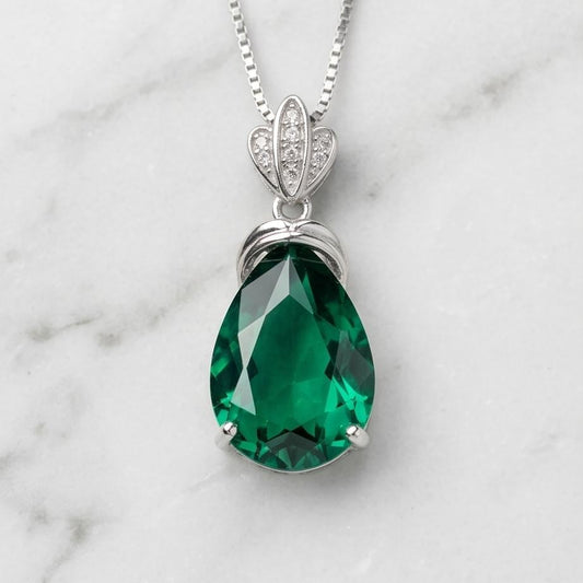 Large Teardrop Emerald Necklace Sterling Silver Gemstone Crown Pear Cut Lab Created Green Gemstone Emerald Pendant Jewelry 6.5 CT #636