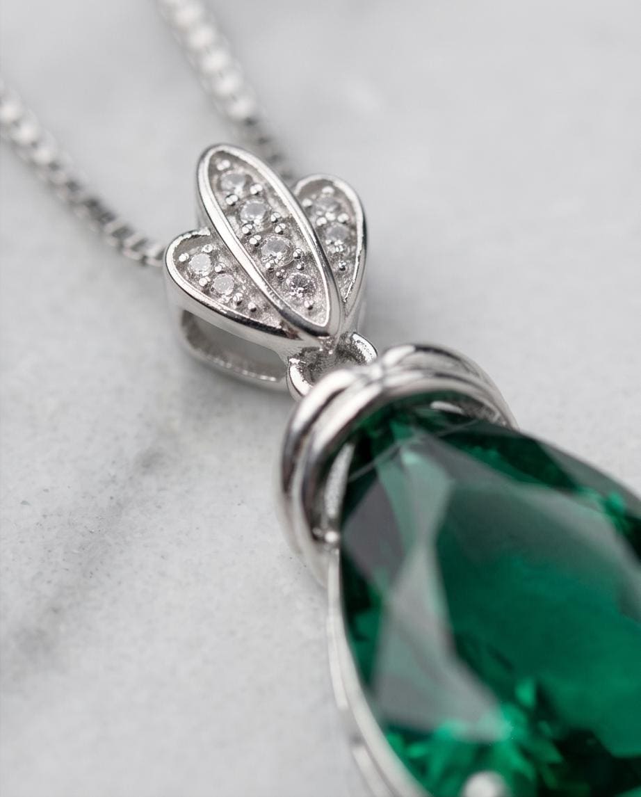 Large Teardrop Emerald Necklace Sterling Silver Gemstone Crown Pear Cut Lab Created Green Gemstone Emerald Pendant Jewelry 6.5 CT #636