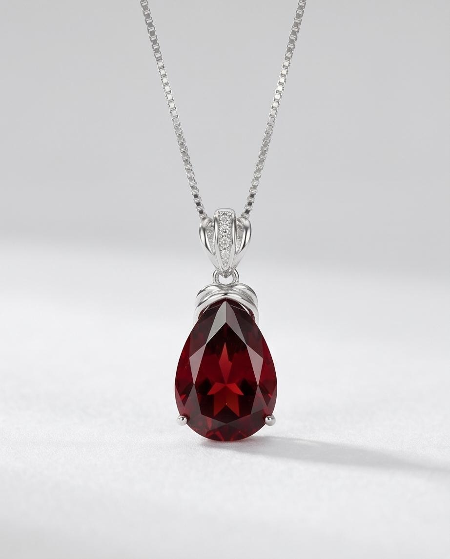 Large Teardrop Garnet Necklace - Sterling Silver Gemstone Royal Pear Lab Created Deep Orange Red Garnet Pendant Jewelry 6.5 CT #667