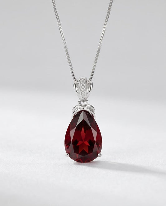 Large Teardrop Garnet Necklace - Sterling Silver Gemstone Royal Pear Lab Created Deep Orange Red Garnet Pendant Jewelry 6.5 CT #667