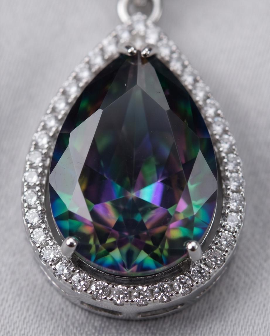 Large Teardrop Mystic Topaz Necklace 5 CT Gemstone Halo Pear Rainbow Topaz Pendant Sterling Silver White Gold Plated Solitaire #564