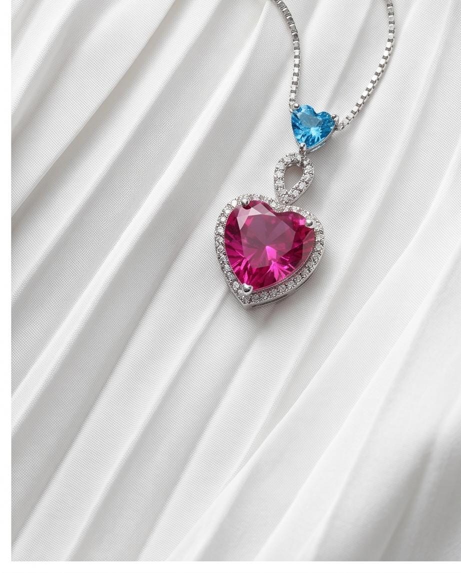 Pink Sapphire Double Heart Necklace - 18kgp @ sterling Silver Pink Fuchsia Sapphire Jewelry Pendant White gold coated #659