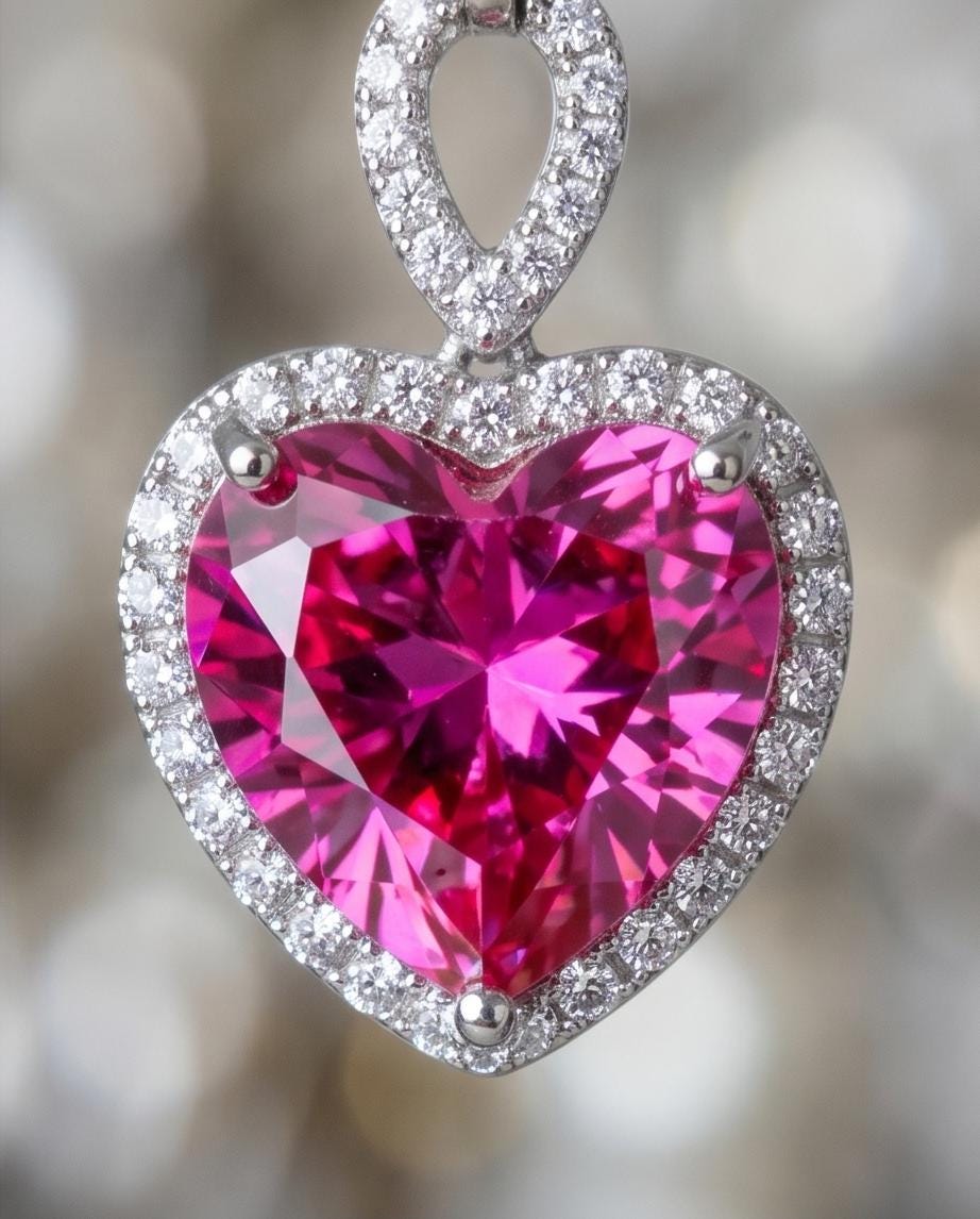Pink Sapphire Double Heart Necklace - 18kgp @ sterling Silver Pink Fuchsia Sapphire Jewelry Pendant White gold coated #659