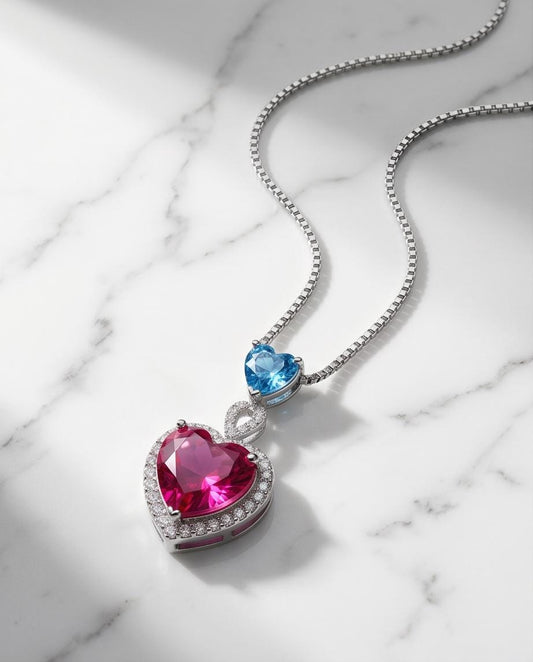 Pink Sapphire Double Heart Necklace - 18kgp @ sterling Silver Pink Fuchsia Sapphire Jewelry Pendant White gold coated #659
