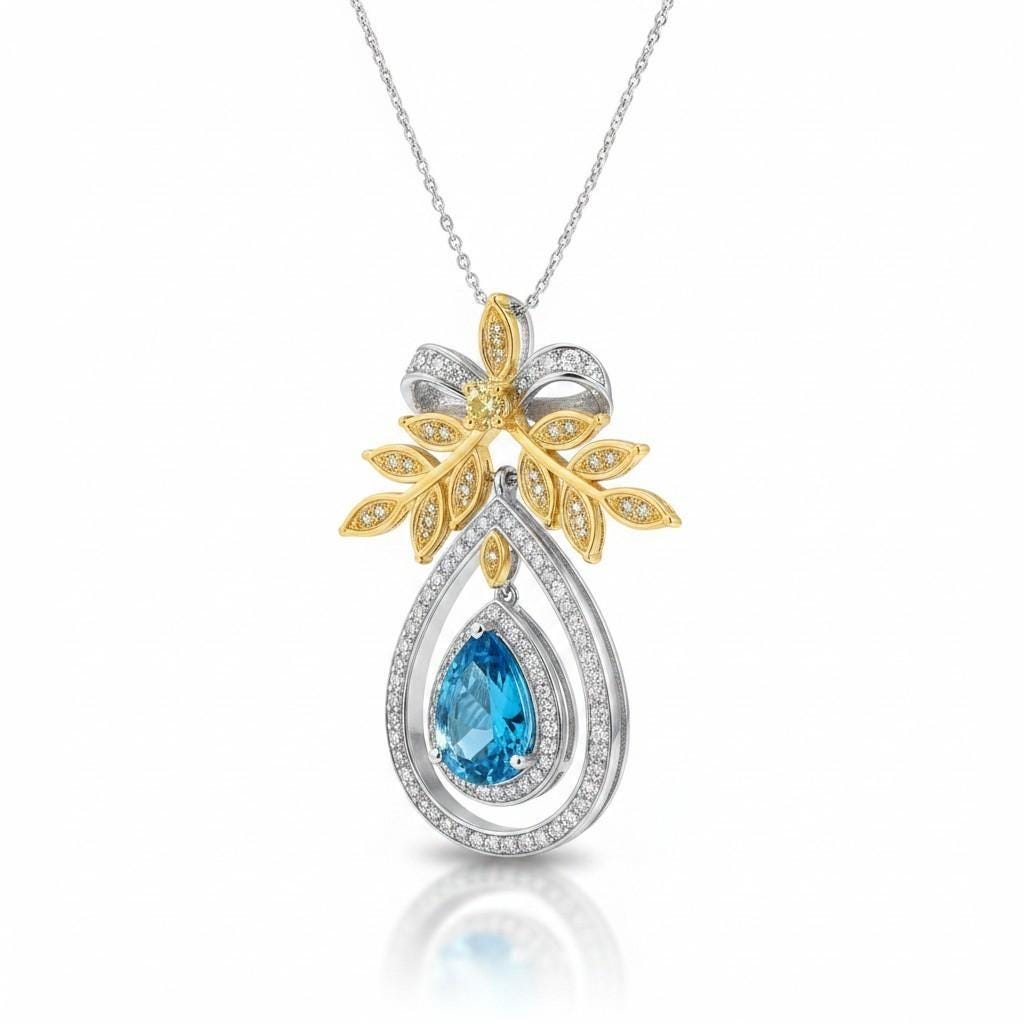 Teardrop Swiss Blue Topaz Necklace The Tree Of Life Pendant 18KGP @ Sterling Silver Olive branch 2.5 Ct Pear Cut Blue Topaz Jewelry #851