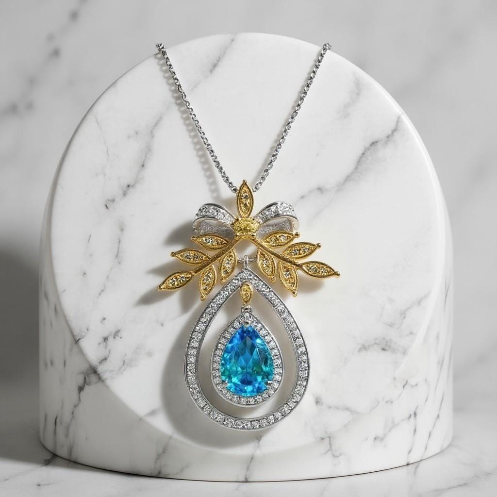 Teardrop Swiss Blue Topaz Necklace The Tree Of Life Pendant 18KGP @ Sterling Silver Olive branch 2.5 Ct Pear Cut Blue Topaz Jewelry #851