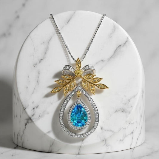 Teardrop Swiss Blue Topaz Necklace The Tree Of Life Pendant 18KGP @ Sterling Silver Olive branch 2.5 Ct Pear Cut Blue Topaz Jewelry #851