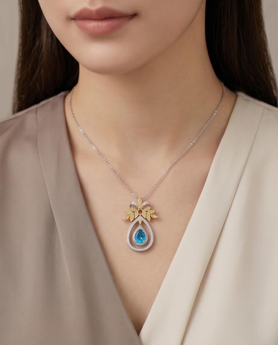 Teardrop Swiss Blue Topaz Necklace The Tree Of Life Pendant 18KGP @ Sterling Silver Olive branch 2.5 Ct Pear Cut Blue Topaz Jewelry #851