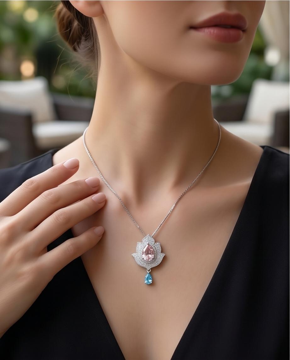 Pink Morganite Necklace Gemstone Lotus Flower Pendant Full Sterling Silver White Gold coated Teardrop Halo Large Pink Gemstone 3 CT #920