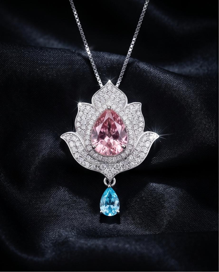 Pink Morganite Necklace Gemstone Lotus Flower Pendant Full Sterling Silver White Gold coated Teardrop Halo Large Pink Gemstone 3 CT #920