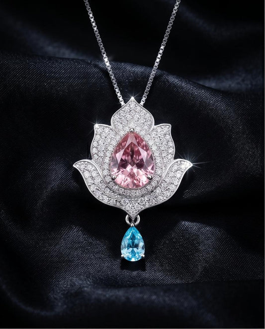 Pink Morganite Necklace Gemstone Lotus Flower Pendant Full Sterling Silver White Gold coated Teardrop Halo Large Pink Gemstone 3 CT #920